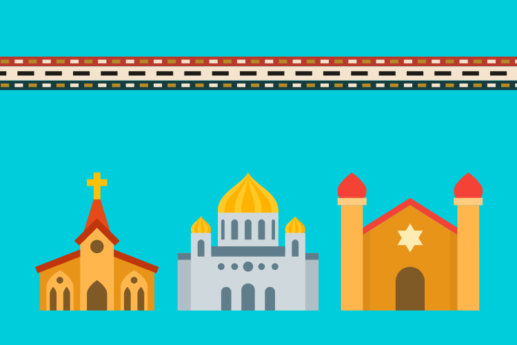 A church, mosque, and synagogue on a blue background