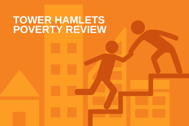 A stick figure helping another stick figure climb stairs underneath text which reads 'Tower Hamlets Poverty Review'